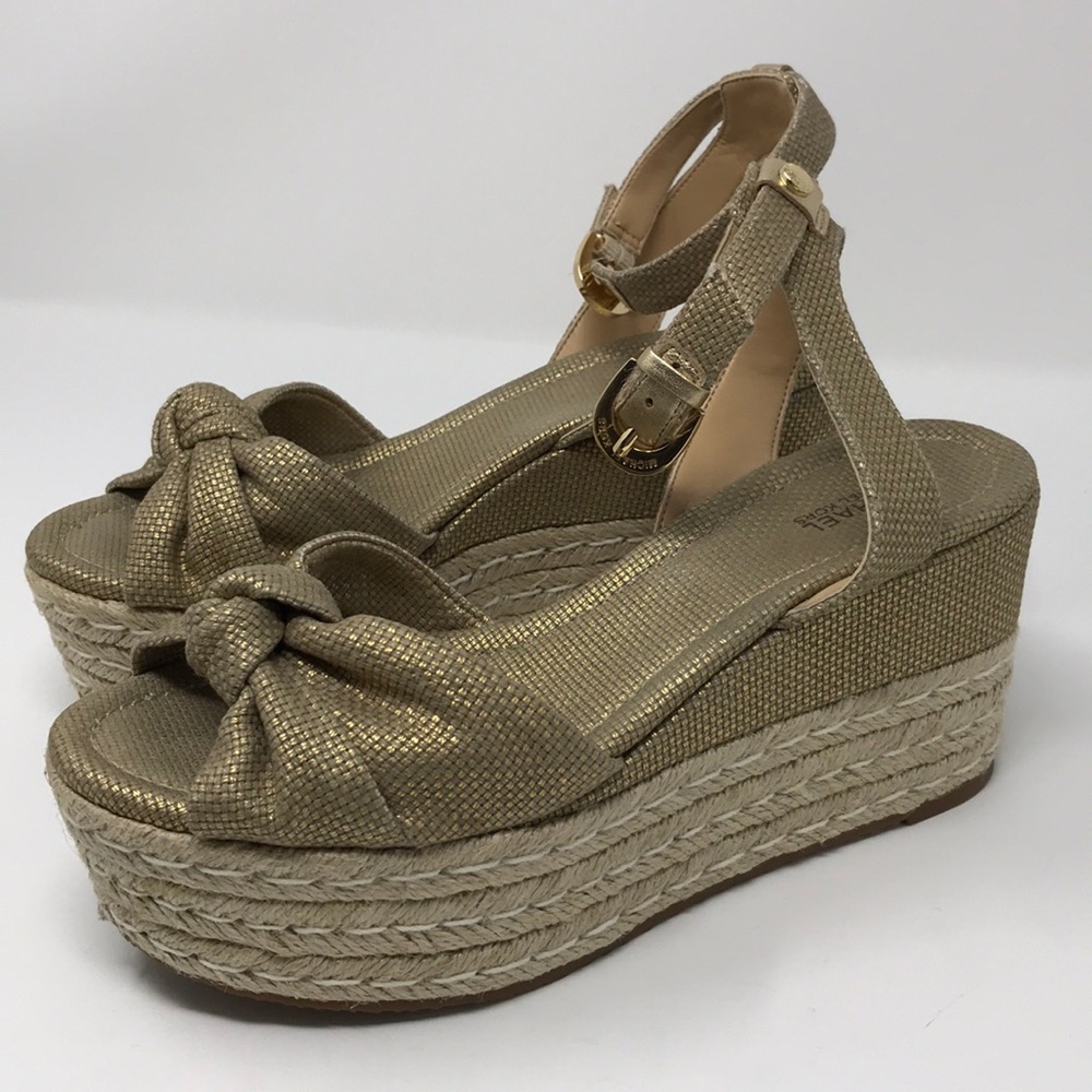 Michael Kors gold Espadrille mid wedge platform metallic sandals